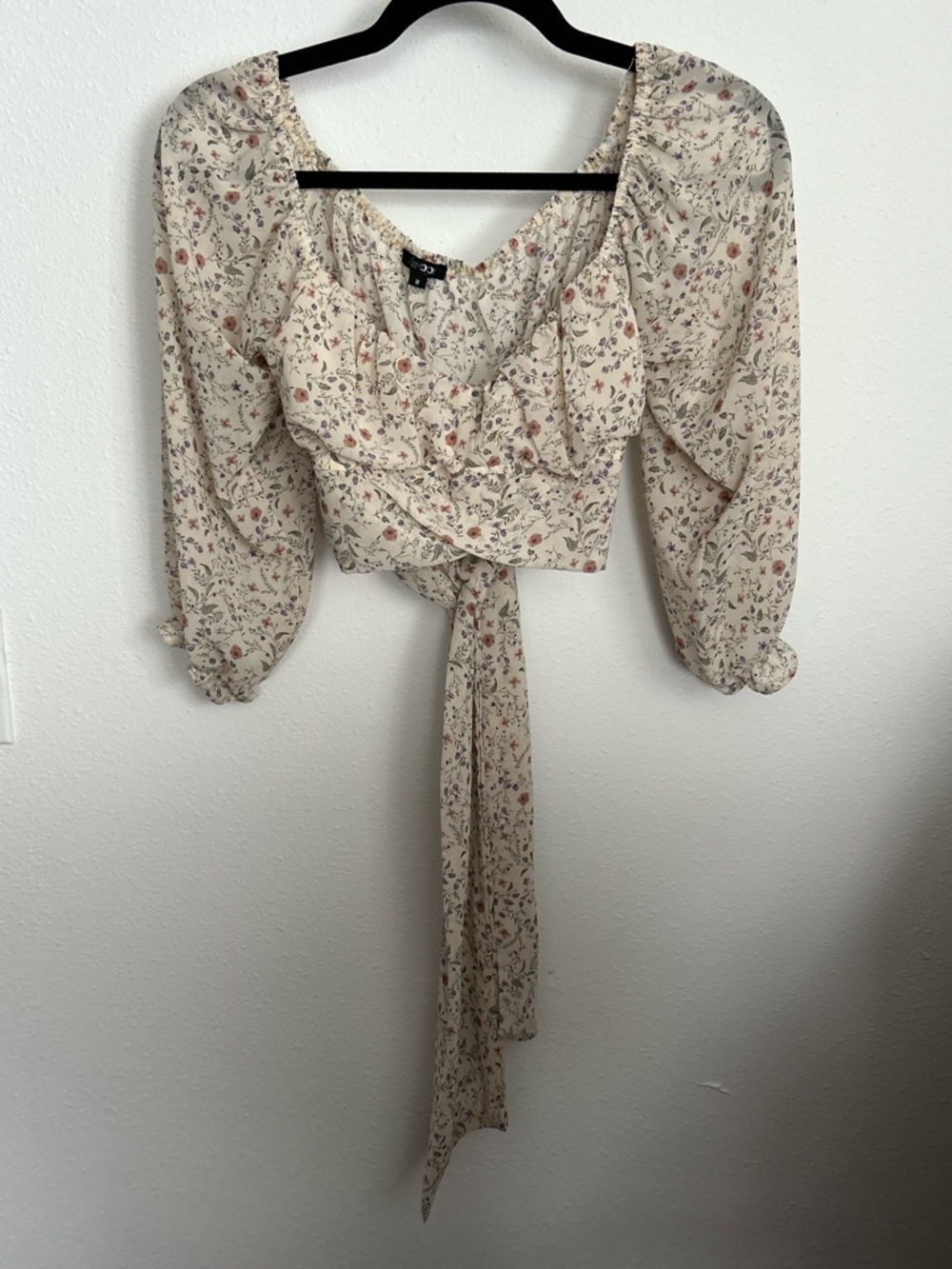 Papermoon Cream Floral Tie-Front Crop Top with Puff Sleeves